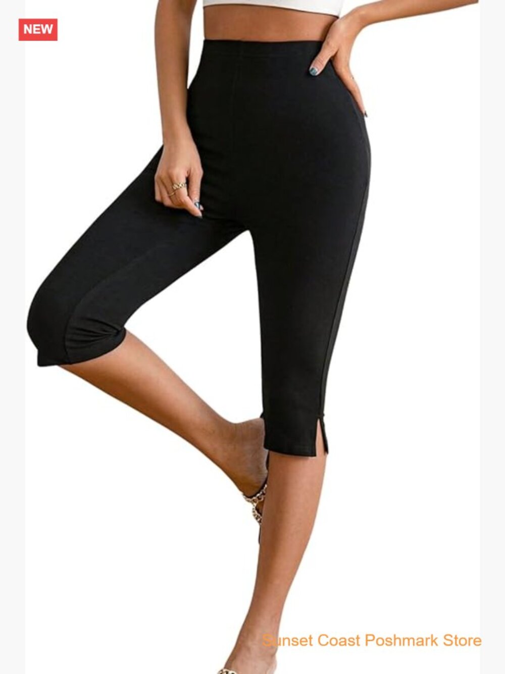 High-Rise Black Capris with Side Slit